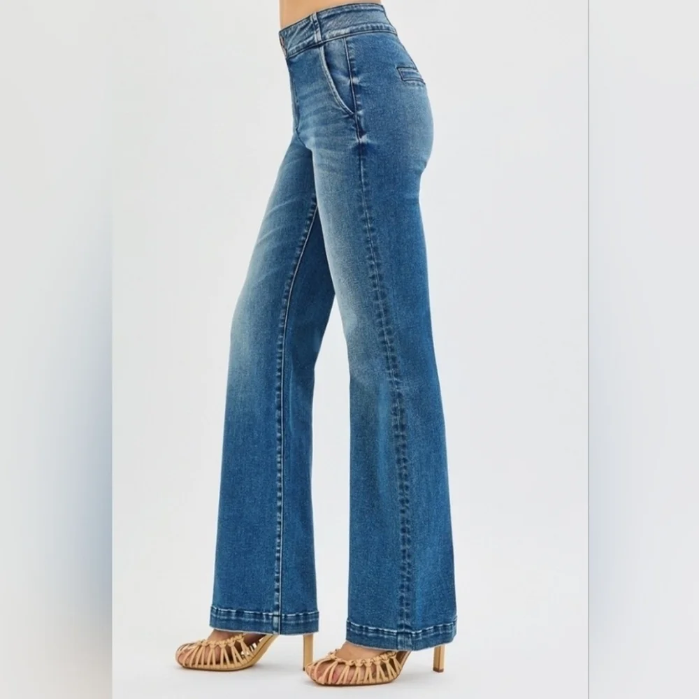 RISEN HR Dark Wash Wide Leg Jeans Double Button Trouser Style Denim 9/29 NEW
